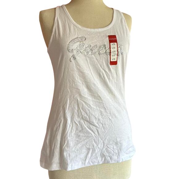 Womens Top Size Large White Classic Vacation Resort Packable Bling Shiny Guess - Picture 1 of 5